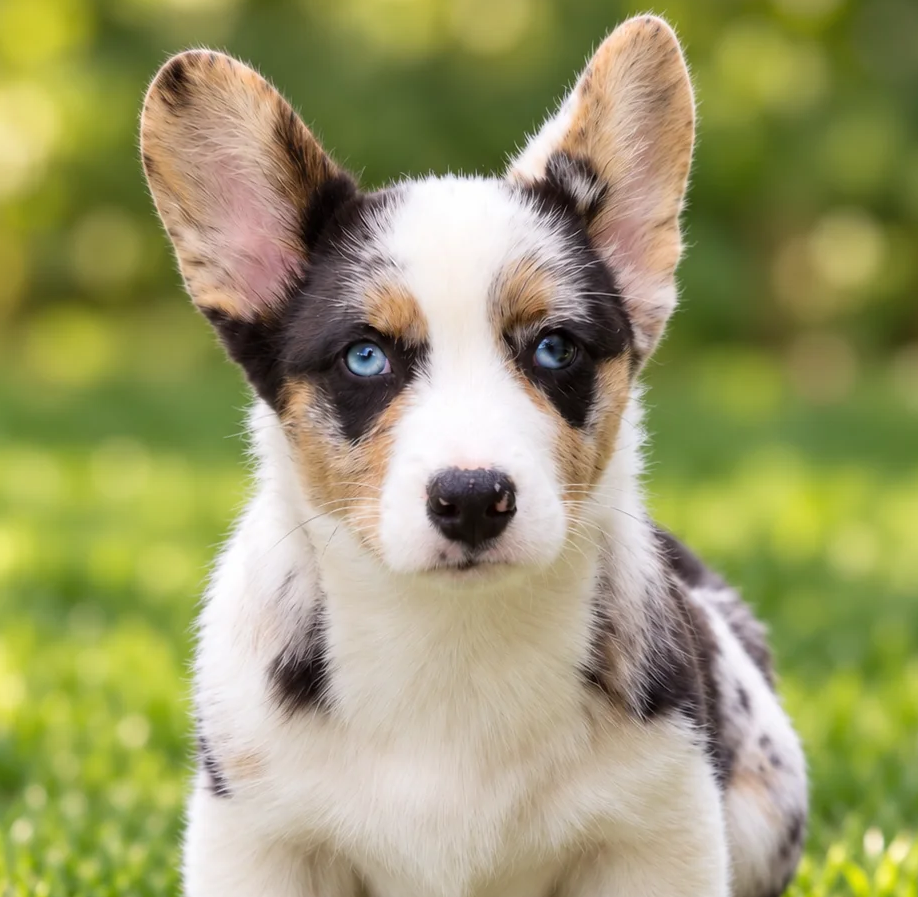 Cachorro de pelaje moteado y blanco sentado sobre el pasto