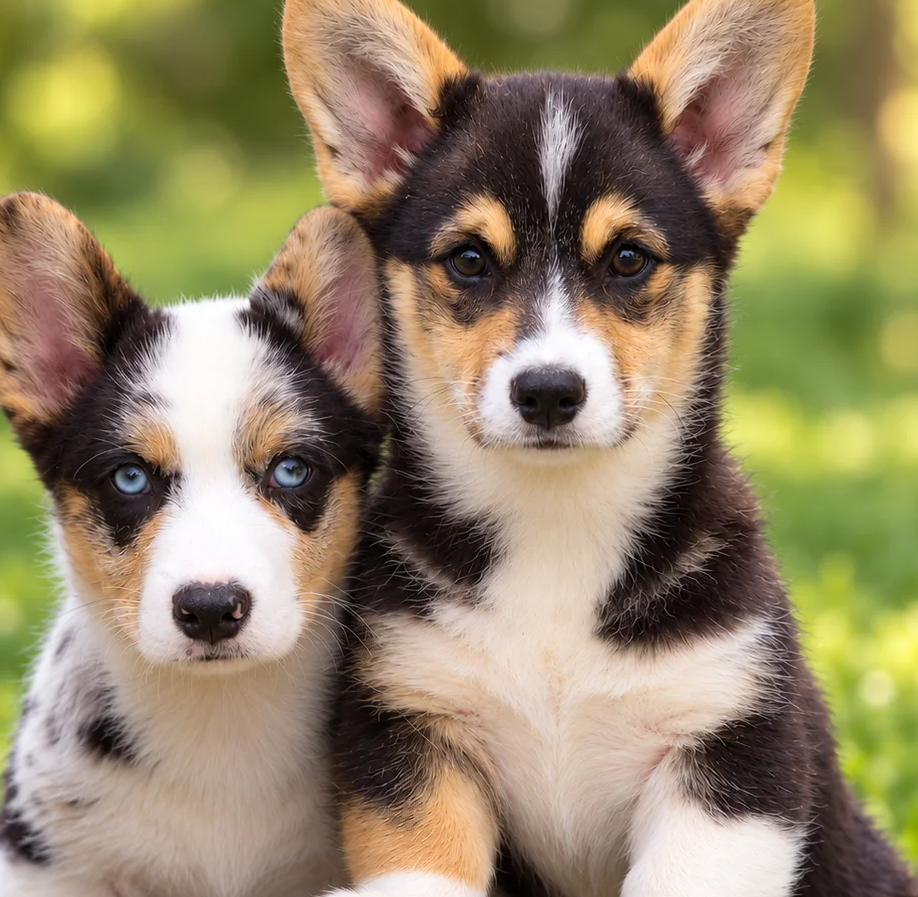 Dos cachorros juntos, uno de pelaje moteado y otro tricolor