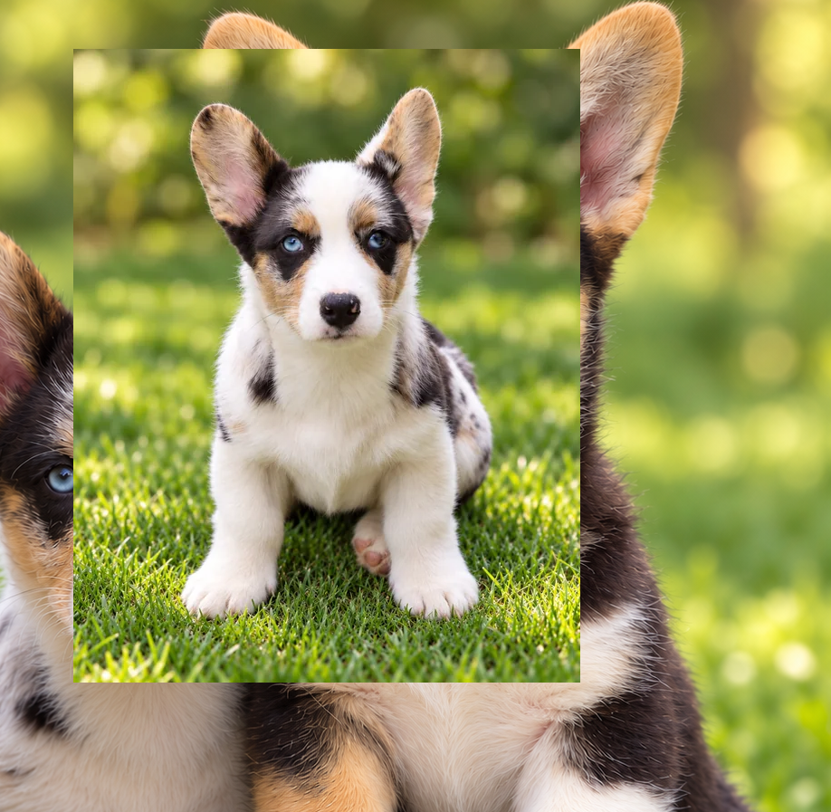 Cachorro de pelaje moteado sentado de frente